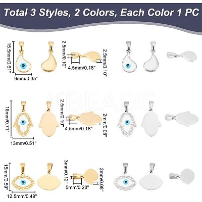 6Pcs 6 Style 304 Stainless Steel Pendants STAS-UN0039-43-1