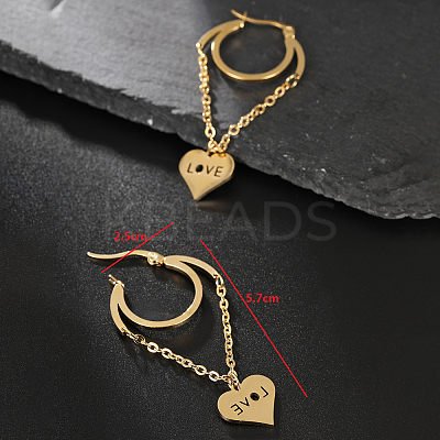 201 Stainless Steel Tassel Heart with LOVE Hoop Earrings VU5295-1