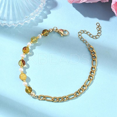 Natural Amber & Cultured Freshwater Pearl Beads Link Bracelets BJEW-JB13694-01-1