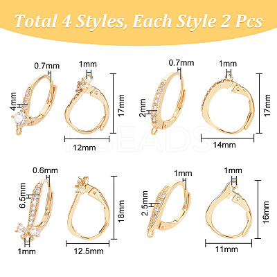 8Pcs 4 Style Brass Cubic Zirconia Leverback Earring Findings Sets KK-NB0003-31-1