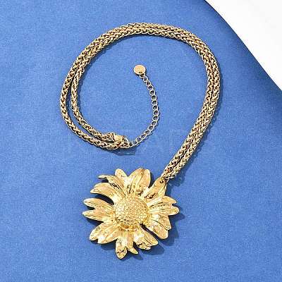 304 Stainless Steel Sunflower Pendant Wheat Chain Necklaces NJEW-P344-02G-1