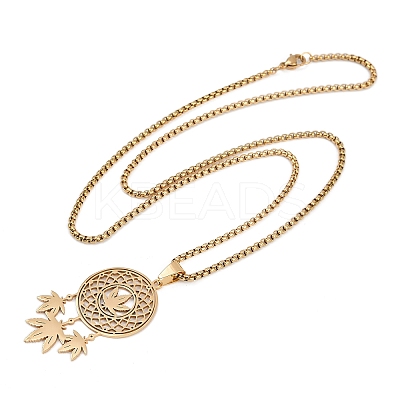 201 Stainless Steel Woven Web/Net with Leaf Pendant Necklaces LS-NJEW-K283-07G-1