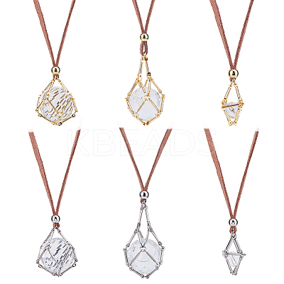 6Pcs 6 Styles Brass Bar Connected Macrame Pouch Empty Stone Holder Pendant Necklace Making NJEW-DC00005-1