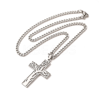 Non-Tarnish 304 Stainless Steel Cross with Tree of Life Pendant Necklaces NJEW-M197-02P-1
