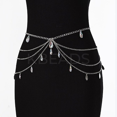 Gothic Style Alloy & Clear Glass Teardrop Tassel Multilayer Waist Belly Chains for Women FS-WGFFABC-01-1