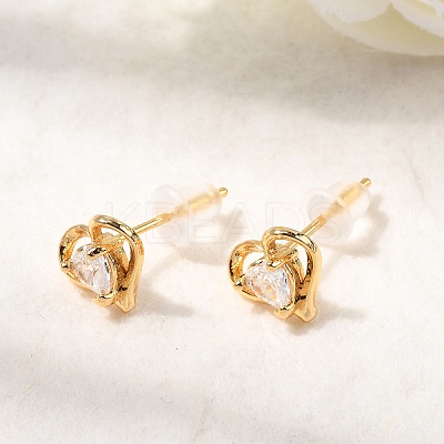 Brass Micro Pave Clear Cubic Zirconia Heart Stud Earrings EJEW-C158-07G-1