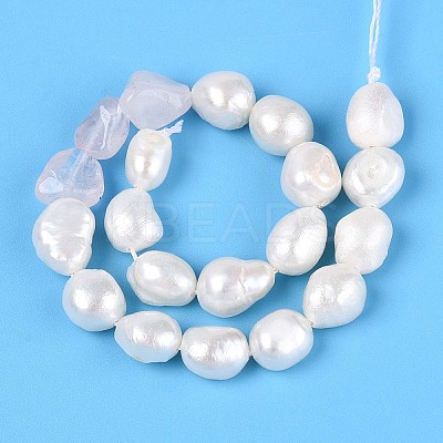 Natural Rose Quartz Nuggets & Natural Cultured Freshwater Pearl Beads Strands PEAR-N023-01A-16-1