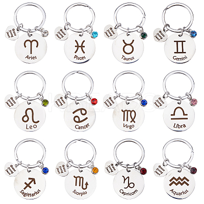 12Pcs 12 Styles Stainless Steel with Rhinestone Keychain KEYC-FH0001-68-1