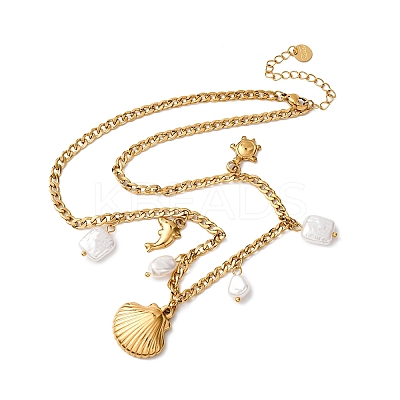 304 Stainless Steel Shell Shape Dolphin Turtle Pendant Necklaces for Women NJEW-F346-06G-1