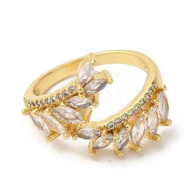 Leaf Brass Micro Pave Cubic Zirconia Open Cuff Rings RJEW-U008-05D-G-1