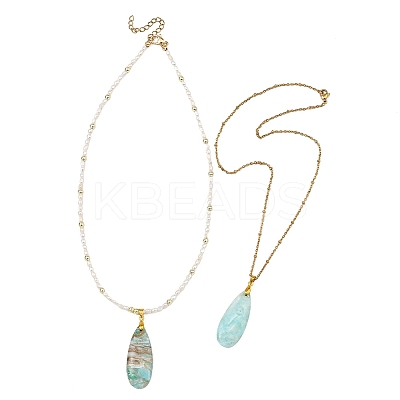 2Pcs 2 Styles Natural Hemimorphite Teardrop Pendant Necklaces NJEW-JN06312-02-1