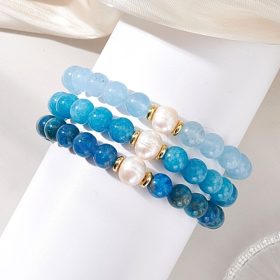 3Pcs Round Natural Blue Quartz & Dyed Quartz & Apatite & Pearl Beaded Stackable Stretch Bracelets Sets BJEW-JB12989-1