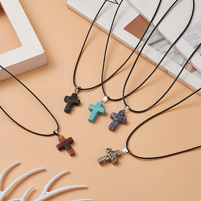 5Pcs 5 Style Natural & Synthetic Mixed Gemstone Cross Pendant Necklaces Set with Waxed Cord for Women NJEW-JN04176-1
