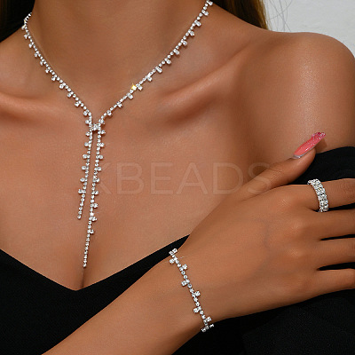 Alloy Rhinestone Tassel Pendant Necklace & Stud Earring & Ring FS-WG7E587-02-1