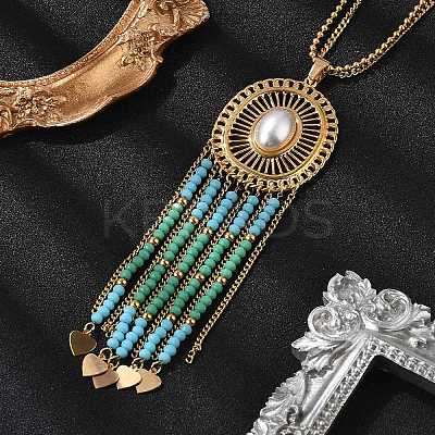 Bohemian 304 Stainless Steel & Imitation Pearl Oval Pendant Necklaces NJEW-Z061-10G-01-1