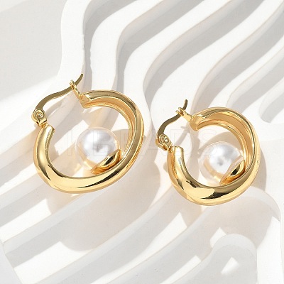 304 Stainless Steel & ABS Plastic Imitation Pearl Huggie Hoop Earrings EJEW-S253-24G-1