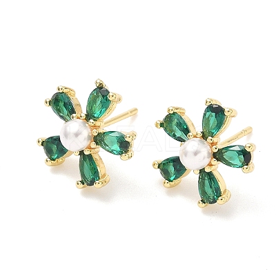 Flower Brass Cubic Zirconia Stud Earrings EJEW-P336-06G-07-1