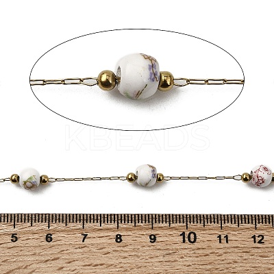 Handmade 304 Stainless Steel Porcelain Beaded Round with Flower Pattern Link Chains CHS-L032-15G-02-1