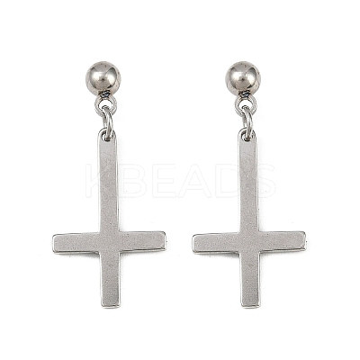 Christian Upside Down Cross 201 Stainless Steel Dangle Stud Earrings LS-EJEW-P314-01A-P-1