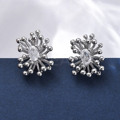 Flower Brass Clear Cubic Zirconia Stud Earrings EJEW-R025-22P-1