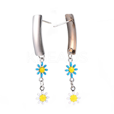Rectangle with Flower Enamel Long Dangle Stud Earrings EJEW-N049-06B-1