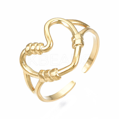 304 Stainless Steel Heart Open Cuff Ring RJEW-T023-80G-1