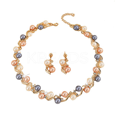 Alloy with Plastic Pearl Round Beaded Link Chain Necklaces & Stud Dangle Earrings Sets WG2621B-01-1
