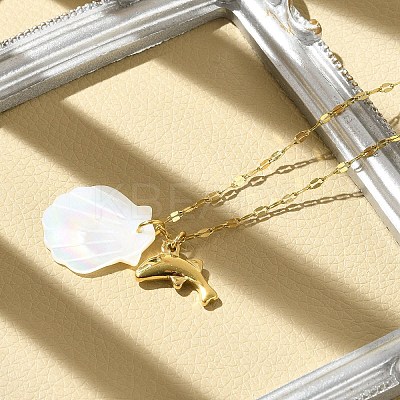 Summer Beach Natural Shell & 304 Stainless Steel Pendant Necklaces for Women NJEW-P323-01A-G-1
