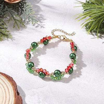Christmas Glass & Baking Paint Pearlized Glass Pearl Round Beaded Bracelets for Women BJEW-JB12441-01-1