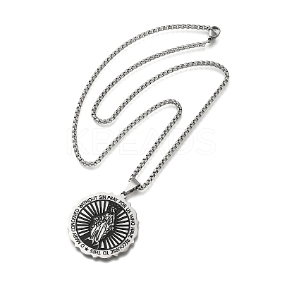 201 Stainless Steel Flat Round Virgin Mary Pendant Box Chain Necklaces STAS-D196-02P-1