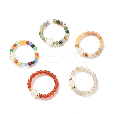 Natural Mixed Stone Round Beaded Stretch Ring with Moonstone RJEW-JR00440-1