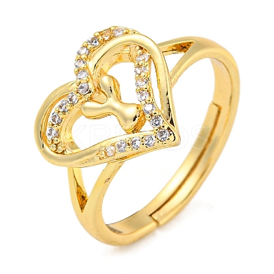 Heart with Letter Rack Plating Brass Micro Pave Clear Cubic Zirconia Adjustable Rings for Women RJEW-I105-01G-Y-1