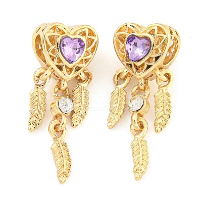 Rack Plating Alloy Pave Violet Rhinestone Heart with Feather European Dangle Charms FIND-B034-19G-03-1