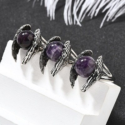 Natural Amethyst Wings Adjustable Rings RJEW-K241-04AS-08-1