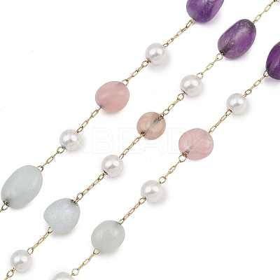 Natural Amethyst & Flower Amazonite & Sunstone & Rose Quartz & Nuggets & 316 Stainless Steel Handmade Link Chains CHS-K021-14G-04-1