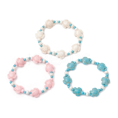 3Pcs Synthetic Turquoise & Natural Freshwater Shell Beads Stretch Bracelets for Women BJEW-JB12017-1