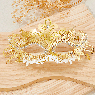 Plastic Rhinestone Masquerade Masks with Alloy Holding Stick AJEW-WH0270-891B-1
