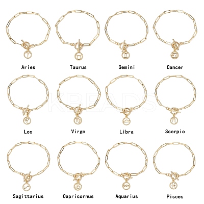 12Pcs Constellation Brass Paperclip Chains Charm Bracelets for Women BJEW-JB11256-1