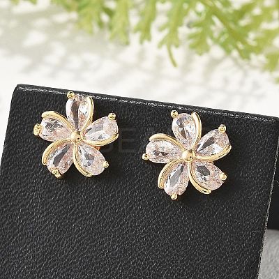 Flower Brass Micro Pave Cubic Zirconia Stud Earrings for Women EJEW-G428-28A-02-1