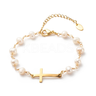 201 Stainless Steel Cross Link Bracelet with Natural Pearl Beaded Chains for Women BJEW-JB08543-1