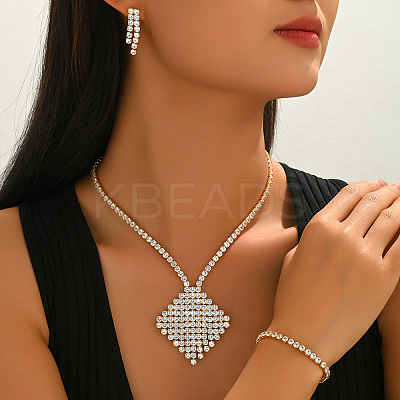 Rhombus Brass Micro Pave Clear Cubic Zirconia Bracelets & Earrings & Necklaces Sets for Women BR7277-1