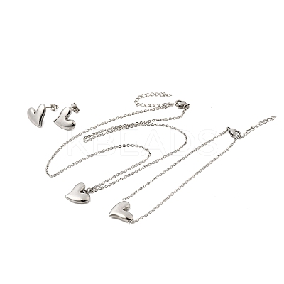 304 Stainless Steel Heart Pendant Necklaces & Bracelets & Stud Earrings Sets SJEW-P008-01P-1
