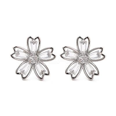 Rack Plating Flower Brass Micro Pave Clear Cubic Zirconia Stud Earrings EJEW-M029-01B-P-1