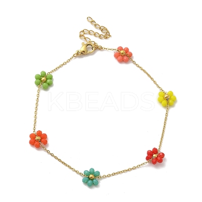 304 Stainless Steel & Synthetic Stone Daisy Flower Chain Anklets for Women LS-AJEW-B031-01G-03-1