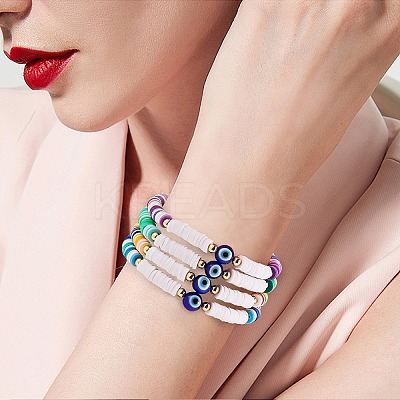 12Pcs 12 Colors Handmade Polymer Clay Heisih Beaded Stretch Bracelets Set with Evil Eye BJEW-SW00034-1