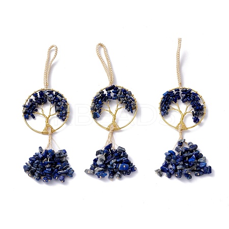 Wire Wrapped Chips Natural Lapis Lazuli Big Pendant Decorations HJEW-H057-03G-1