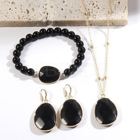 Oval Alloy with Natural Obsidian Pendant Necklaces & Beaded Bracelets & Dangle Earrings Sets WGD3DFC-02-1