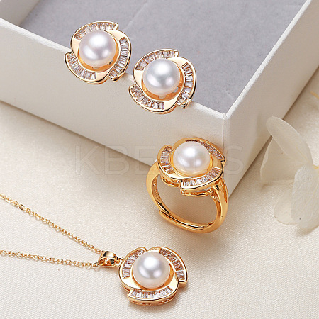 Brass Micro Pave Clear Cubic Zirconia Pendant Necklaces & Stud Earrings & Rings Sets WG2C5C9-03-1