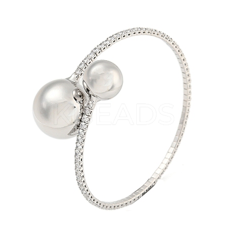 Rack Plating Brass Pave Clear Cubic Zirconia Round Ball Open Cuff Rings for Women BJEW-B110-04B-P-1