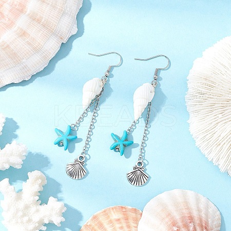 Shell Shape with Starfish Dangle Earrings EJEW-TA00640-1